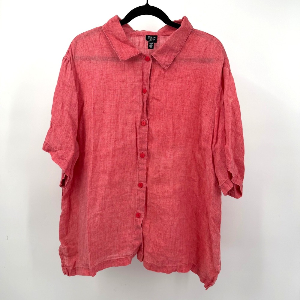Eileen Fisher Women 2X‎ Shirt Pink Button Down Italian Linen Short Sleeve